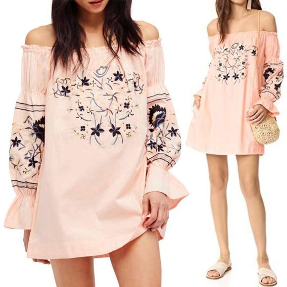 Free People Fleur Du Jour Off-The-Shoulder Pink Floral Embroidered Dress S $148 - Picture 1 of 15